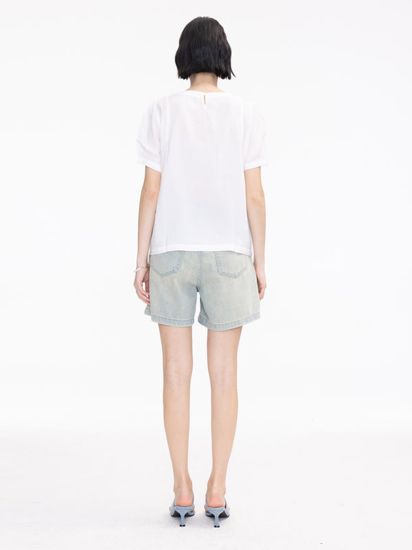 Cubic Wide Leg Pleated Denim Shorts Light Blue