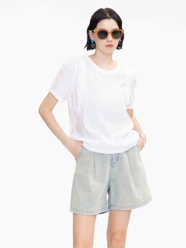 cubic Wide Leg Pleated Denim Shorts Light Blue