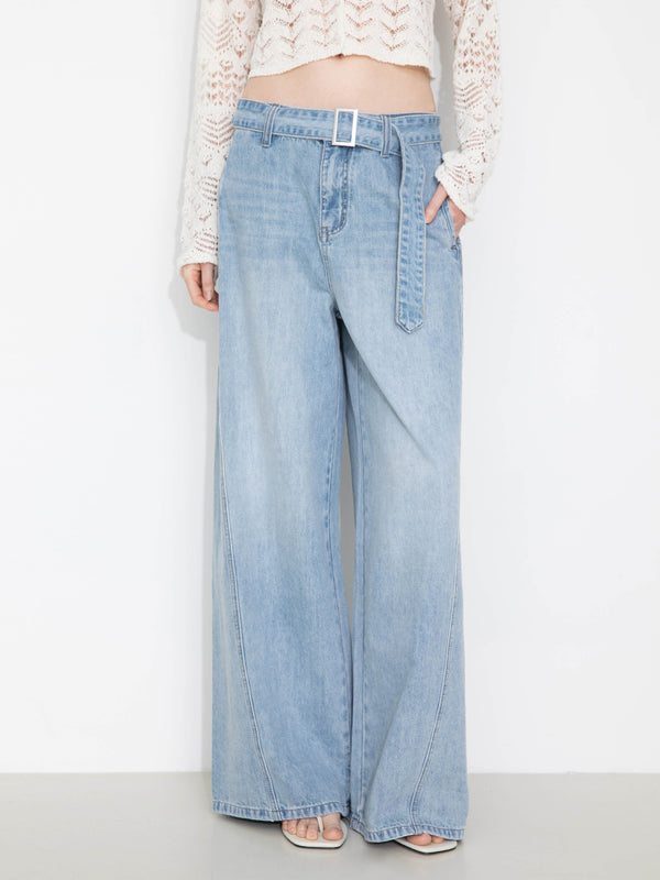 Cubic Wide-Leg Straight Jeans With Belt Blue