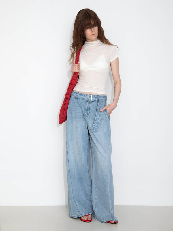 cubic Wide-Leg Straight Jeans with Belt Blue