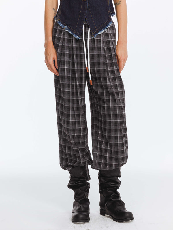 Cubic Wide Leg Tartan Casual Trousers Black