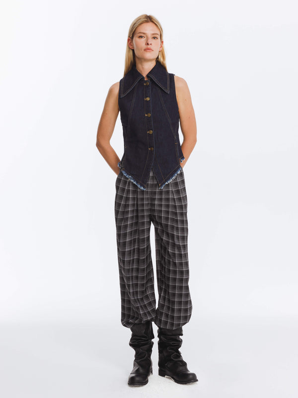 cubic Wide Leg Tartan Casual Trousers Black