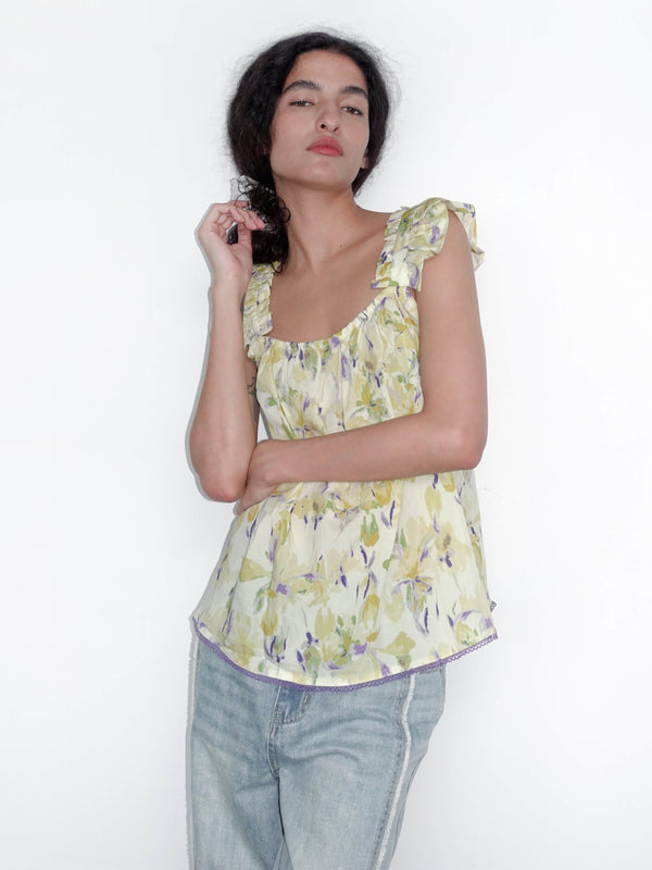 Cubic Yellow Floral Print Ruffle Cami Top Yellow