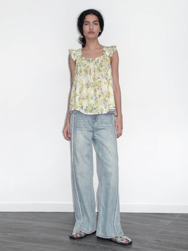 Cubic Yellow Floral Print Ruffle Cami Top Yellow