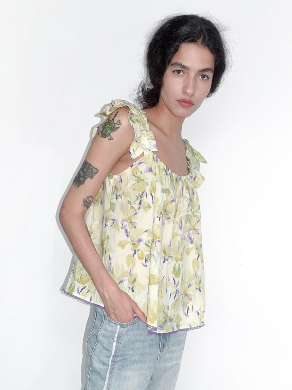 Cubic Yellow Floral Print Ruffle Cami Top Yellow
