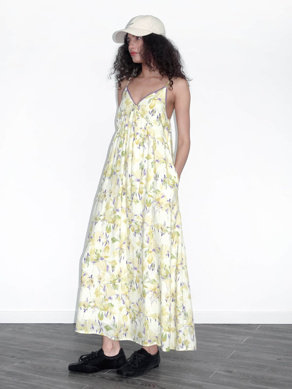 Cubic Yellow Floral Printed Sling Dress Yellow