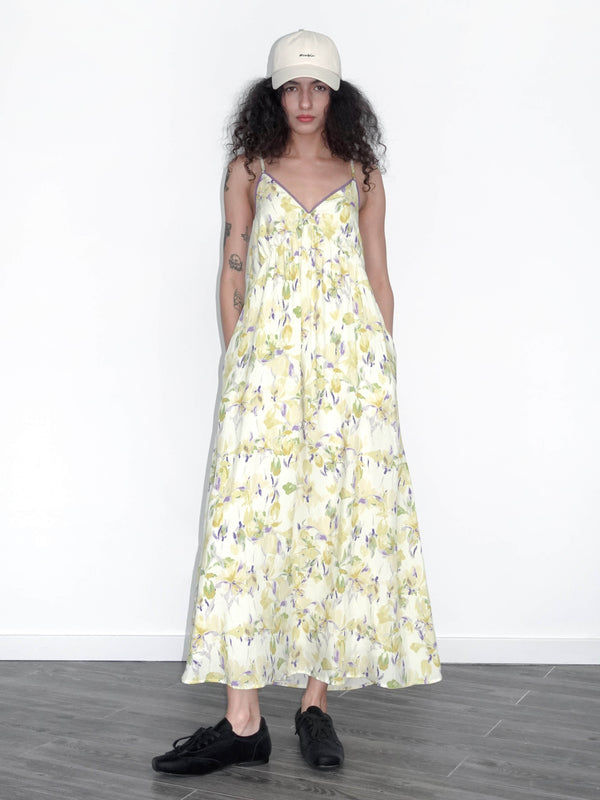 cubic Yellow Floral Printed Sling Dress Yellow