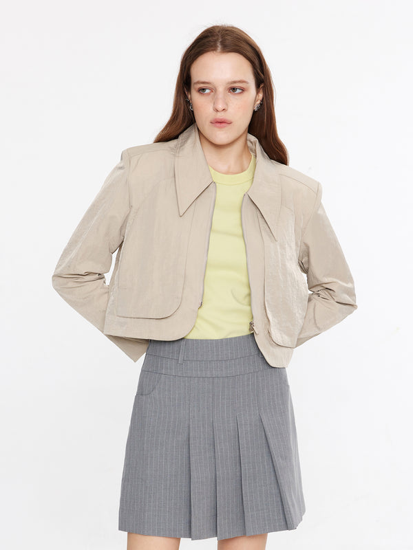 cubic Zip Up Curved Short Jacket Wheat