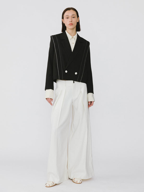 Cubic Double Breasted Contrast Stitch Short Blazer Black