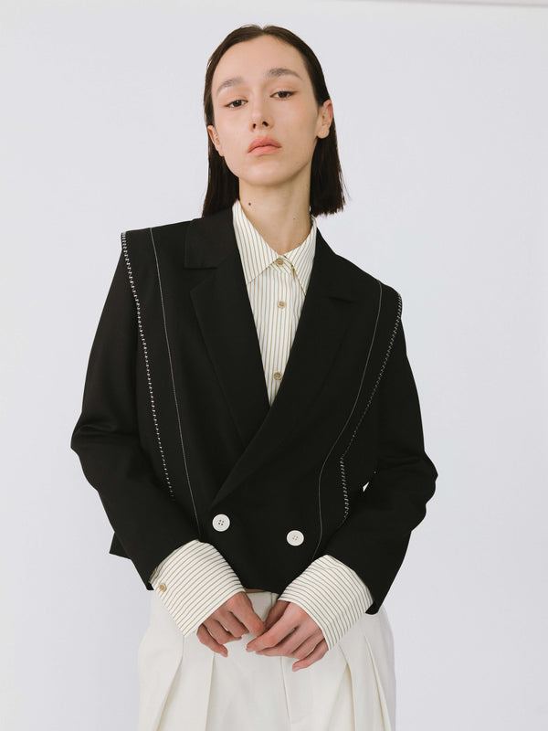 Cubic Double Breasted Contrast Stitch Short Blazer Black