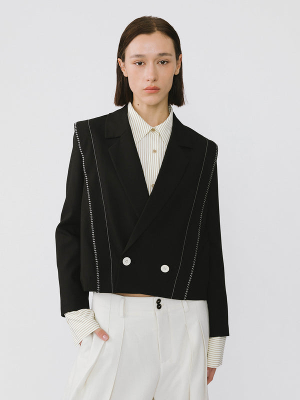 cubic Double Breasted Contrast Stitch Short Blazer Black