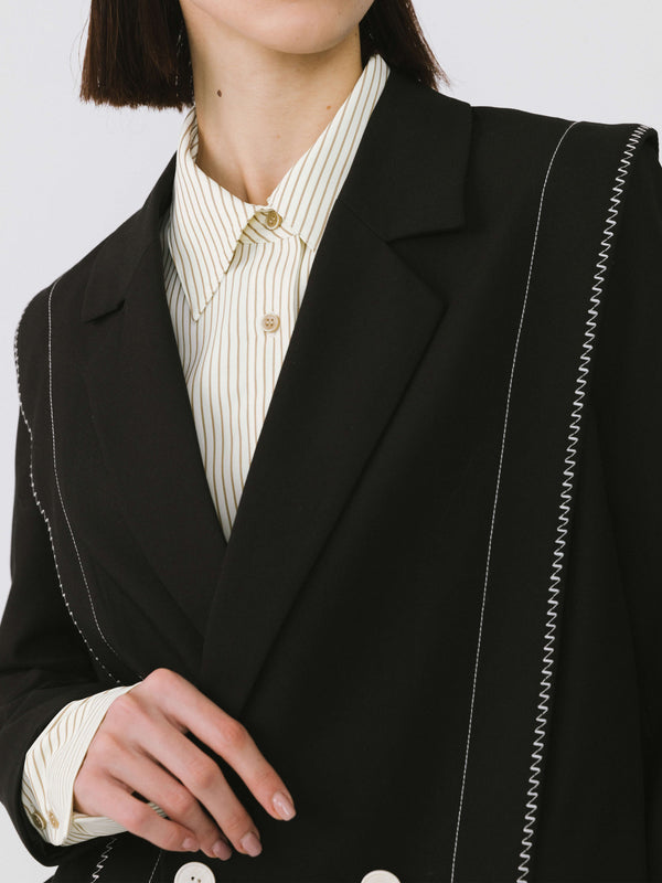 Cubic Double Breasted Contrast Stitch Short Blazer Black