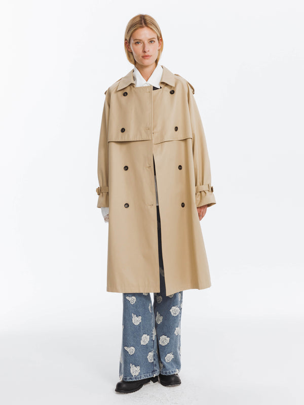 Cubic Double Breasted Cotton Blend Trench Coat Wheat