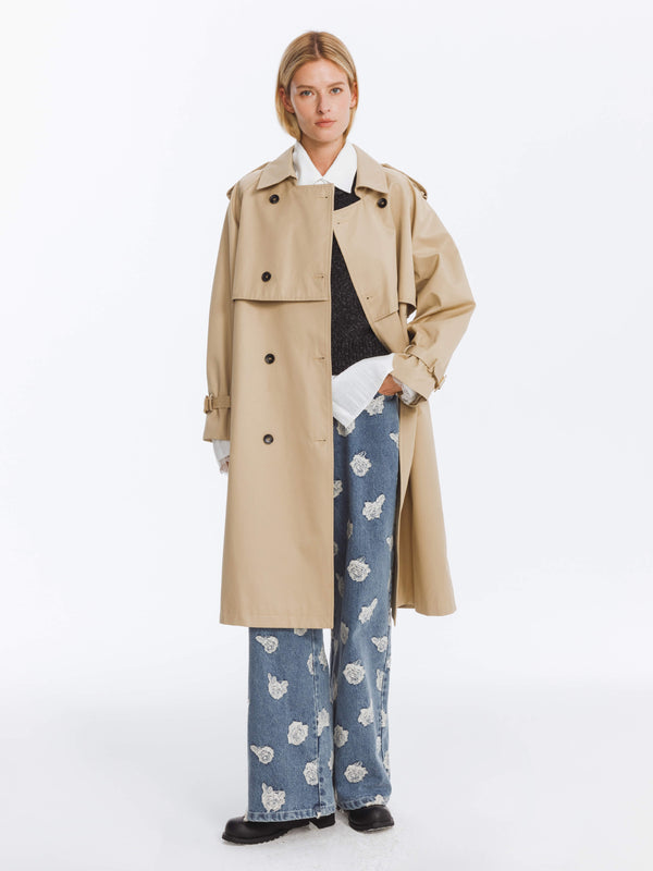 cubic Double Breasted Cotton Blend Trench Coat Wheat