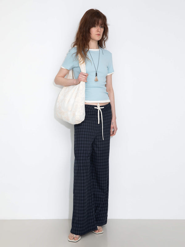 Cubic Drawstring Checkered Wide-Leg Casual Pants Coffee