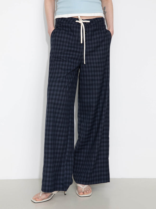 Cubic Drawstring Checkered Wide-Leg Casual Pants Coffee