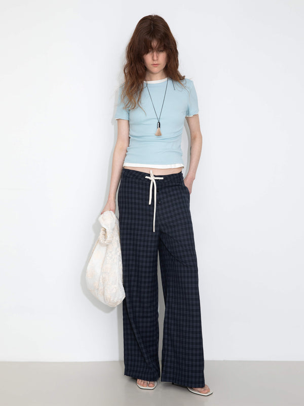 Cubic Drawstring Checkered Wide-Leg Casual Pants Coffee