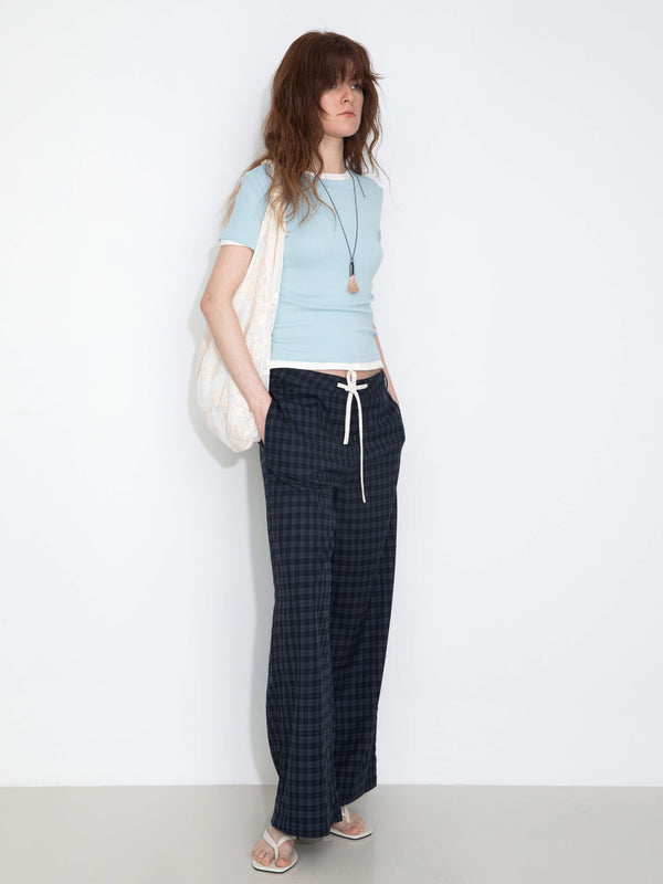 cubic Drawstring Checkered Wide-Leg Casual Pants Coffee