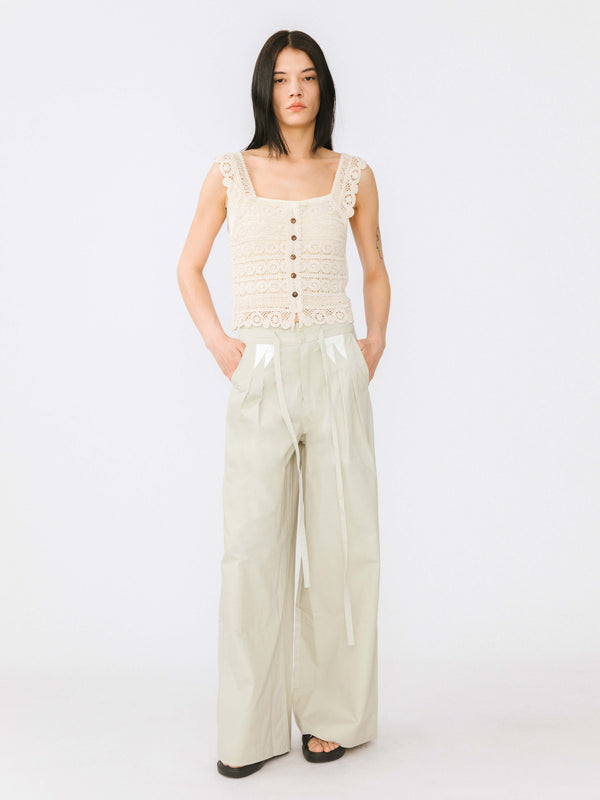 Cubic Drawstring Pleated Pure Cotton Wide Leg Trousers Beige