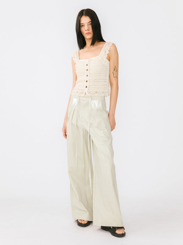 Cubic Drawstring Pleated Pure Cotton Wide Leg Trousers Beige