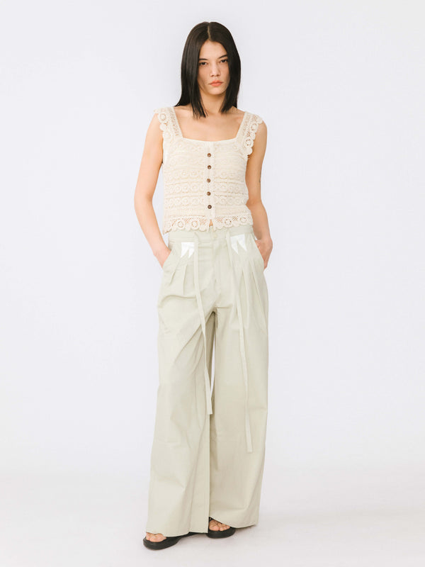 Cubic Drawstring Pleated Pure Cotton Wide Leg Trousers Beige