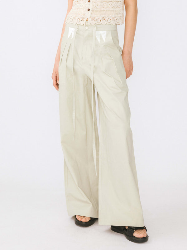 cubic Drawstring Pleated Pure Cotton Wide Leg Trousers Beige