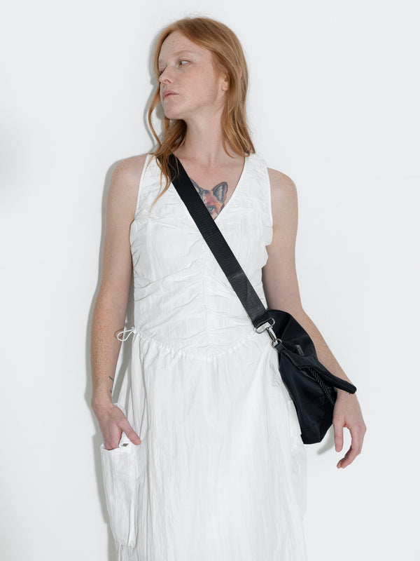 Cubic Drawstring Pleated V-Neck Sleeveless Dress White