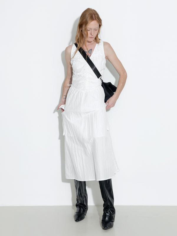 Cubic Drawstring Pleated V-Neck Sleeveless Dress White