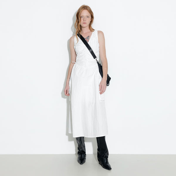 Cubic Drawstring Pleated V-Neck Sleeveless Dress White