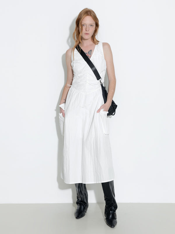cubic Drawstring Pleated V-Neck Sleeveless Dress White