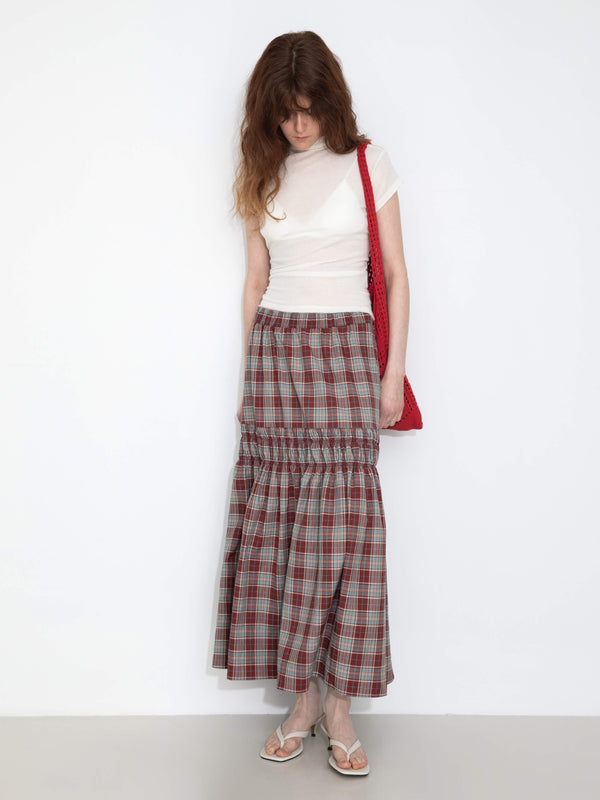 Cubic Elastic Drawstring High Waist Checked Skirt Black