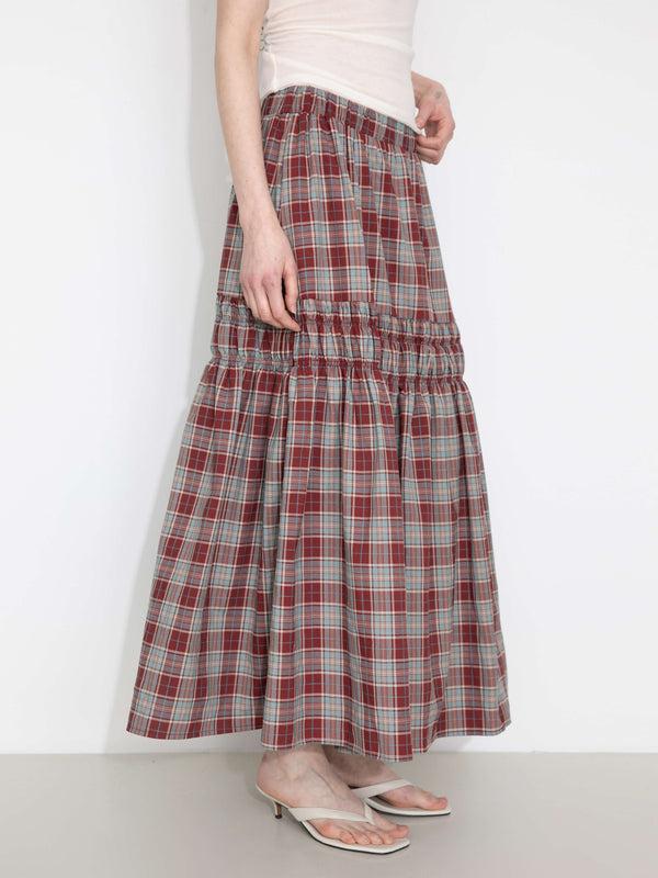 Cubic Elastic Drawstring High Waist Checked Skirt Black