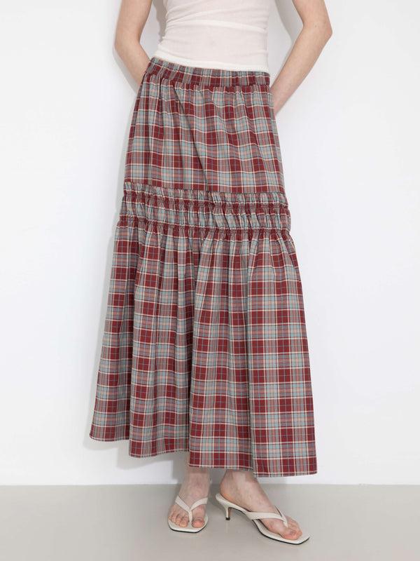 Cubic Elastic Drawstring High Waist Checked Skirt Black