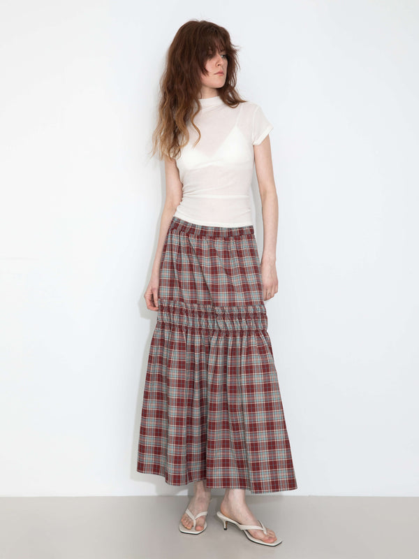 cubic Elastic Drawstring High Waist Checked Skirt Black