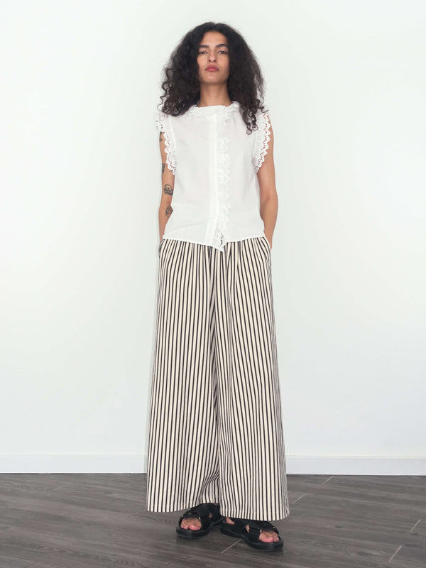 Cubic Elastic Waist Striped Straight Trousers Beige