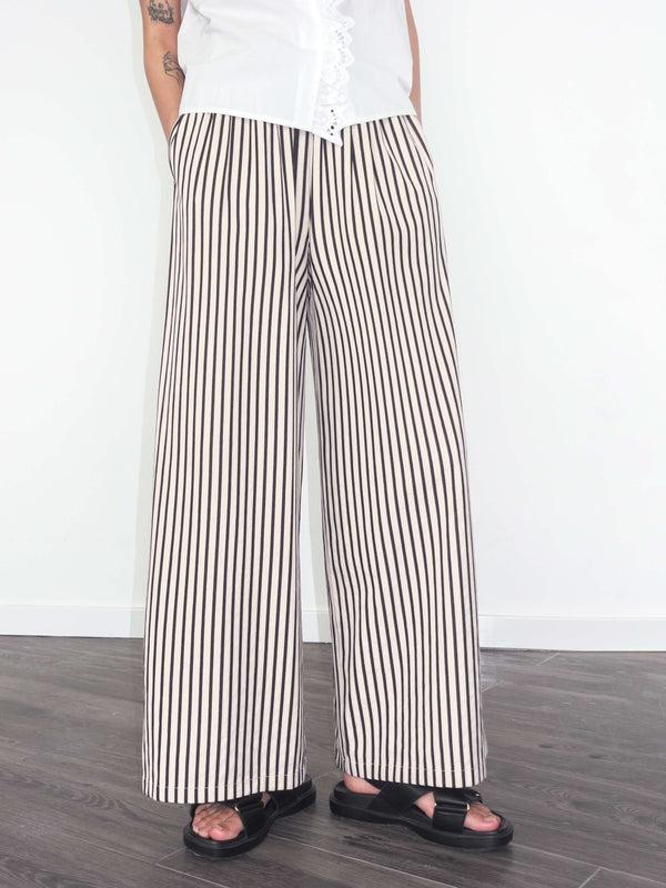 Cubic Elastic Waist Striped Straight Trousers Beige
