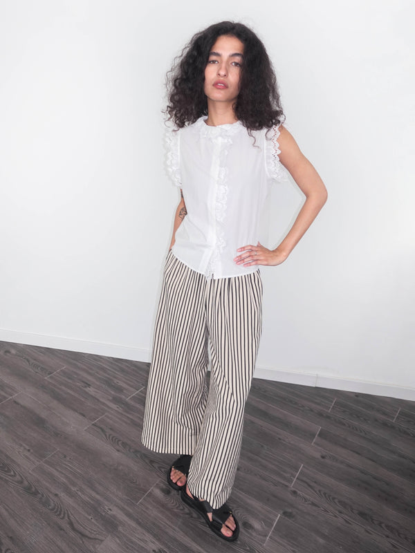 Cubic Elastic Waist Striped Straight Trousers Beige