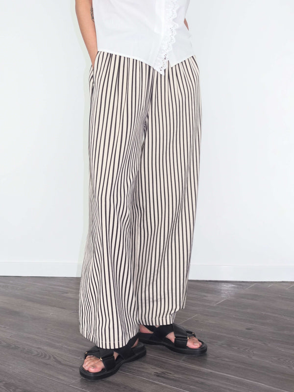 cubic Elastic Waist Striped Straight Trousers Beige