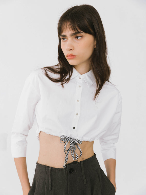 cubic Extra Cropped Shirt with Drawstring Waist White