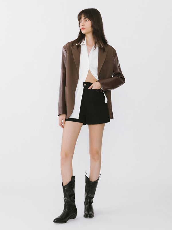 Cubic Faux Leather And Wool Oversized Blazer Dark Khaki