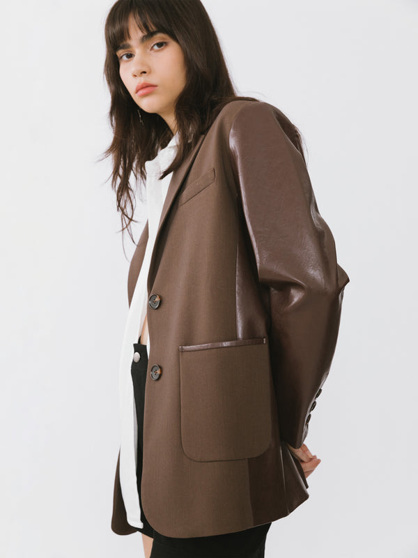 Cubic Faux Leather And Wool Oversized Blazer Dark Khaki