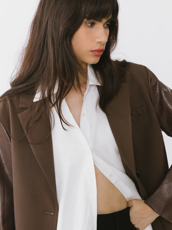 Cubic Faux Leather And Wool Oversized Blazer Dark Khaki