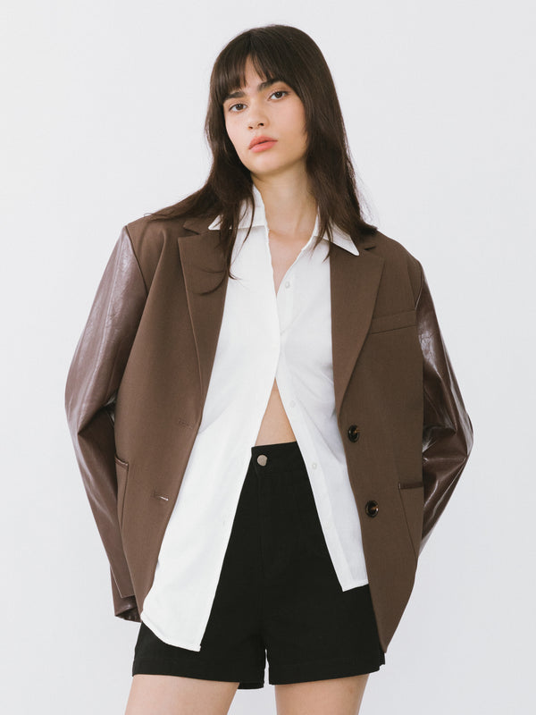 cubic Faux Leather and Wool Oversized Blazer Dark Khaki