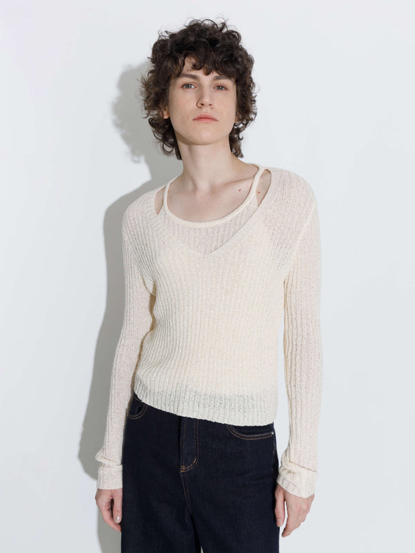 Cubic Faux Two-Piece Design Halter Neck Long Sleeve Knit Top Beige