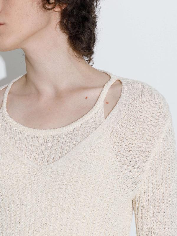 Cubic Faux Two-Piece Design Halter Neck Long Sleeve Knit Top Beige