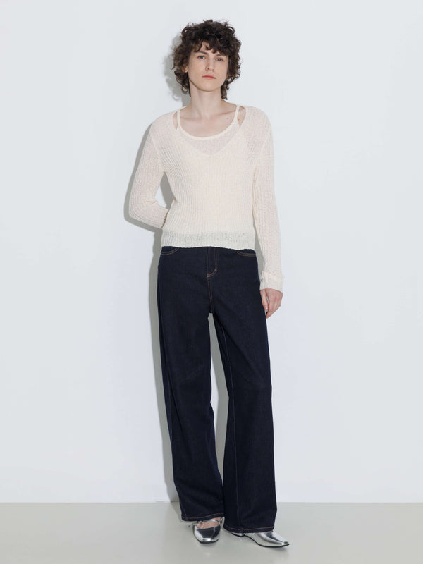 Cubic Faux Two-Piece Design Halter Neck Long Sleeve Knit Top Beige