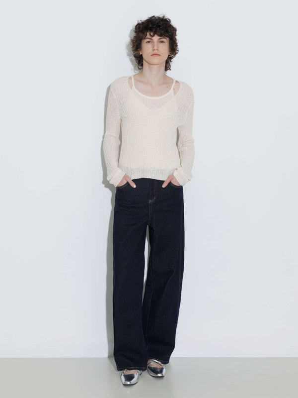 cubic Faux Two-Piece Design Halter Neck Long Sleeve Knit Top Beige