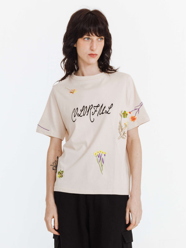 cubic Floral Embroidered Casual T-shirt BlanchedAlmond