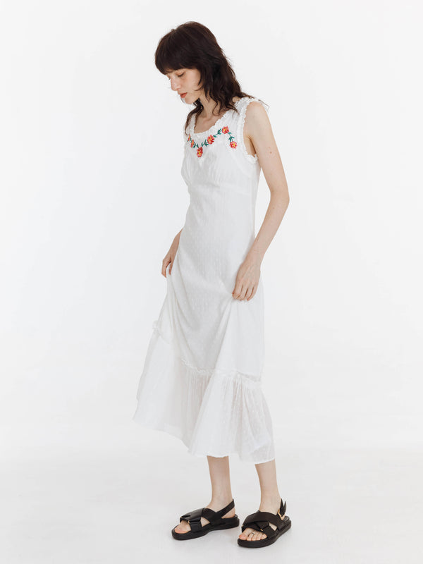 Cubic Floral Embroidered Sleeveless Maxi Dress White