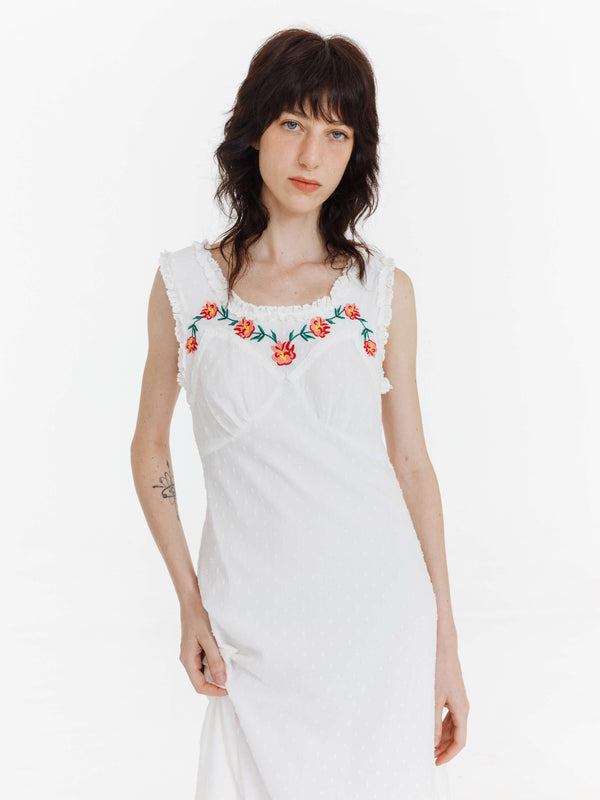 Cubic Floral Embroidered Sleeveless Maxi Dress White